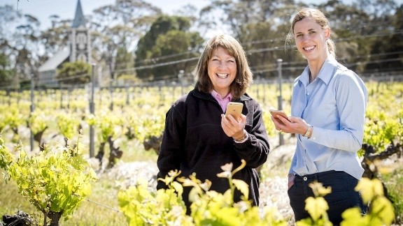 Henschke Cellars viticulturist Prue Henschke and Inca Pearce of Vinehealth Australia test out the Boundary Rider app