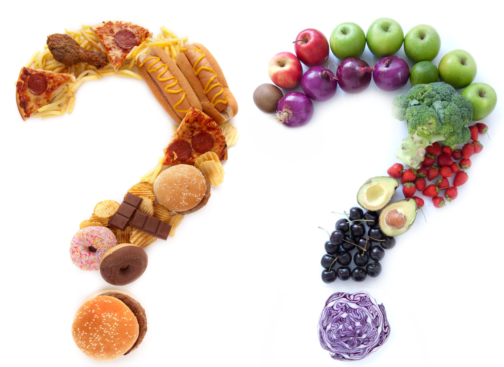 Unhealthy and healthy food ingredients in a the shape of question marks alongside each other.