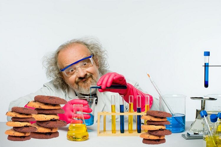 Mad scientist with chocolate and chocolate chip cookies