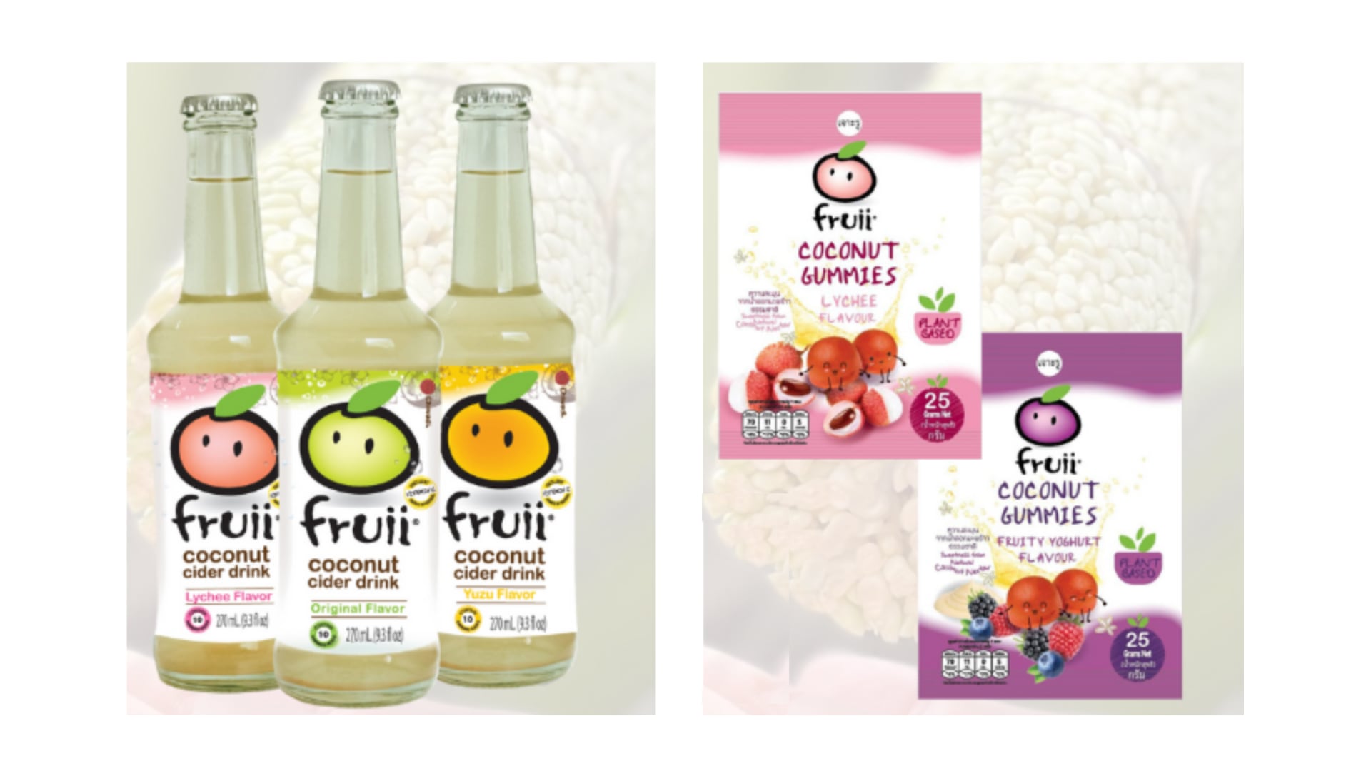 Fruii sparkling coconut cider is available in three tropical flavours: lychee, original, and yuzu. Its gummies are similarly positioned as functional snacks for young and old.