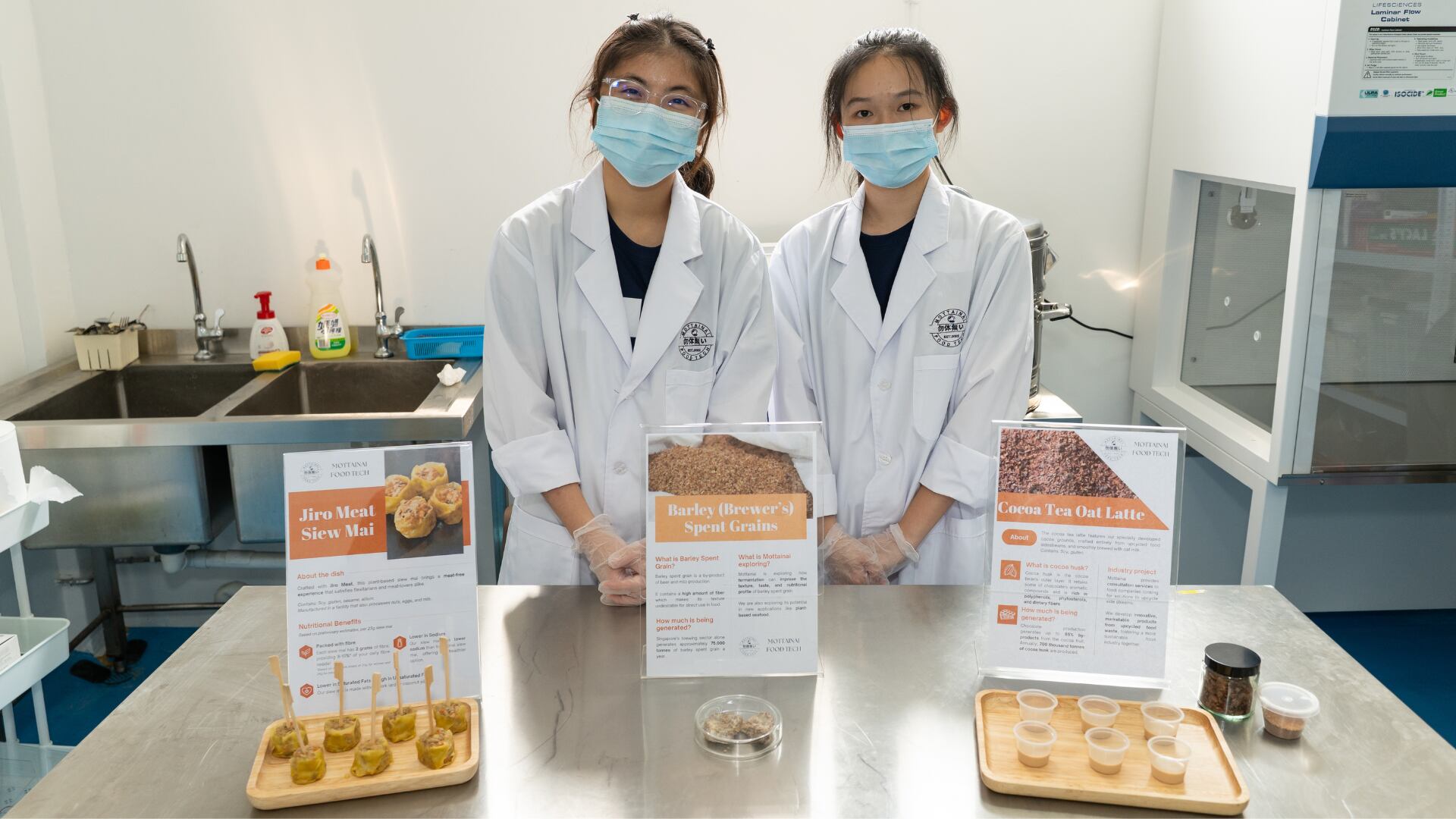 Featured products: okara-based siew mai, brewer’s spent grain prototypes, and cocoa tea oat latte made from cocoa husks.