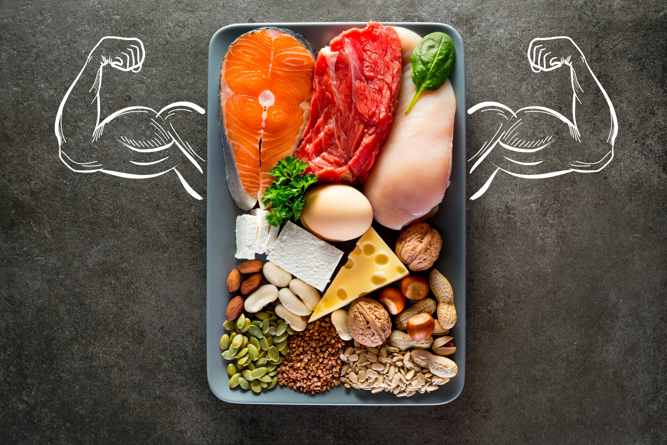 High-protein foods including fish, beef, chicken breast, dairy, eggs, buckwheat, nuts, bean, pumpkin seed, sunflower seeds.