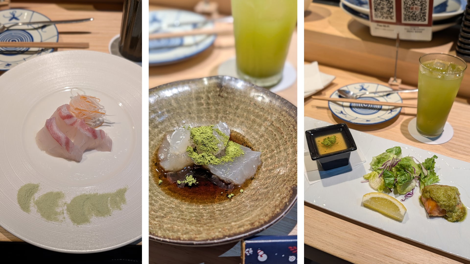 Sashimi with MorSilk salt; chewy mochi with brown sugar syrup and MorSilk powder; and grilled salmon with MorSilk sauce, served with MorSilk-sprinkled chawanmushi and iced SilkMatcha tea.