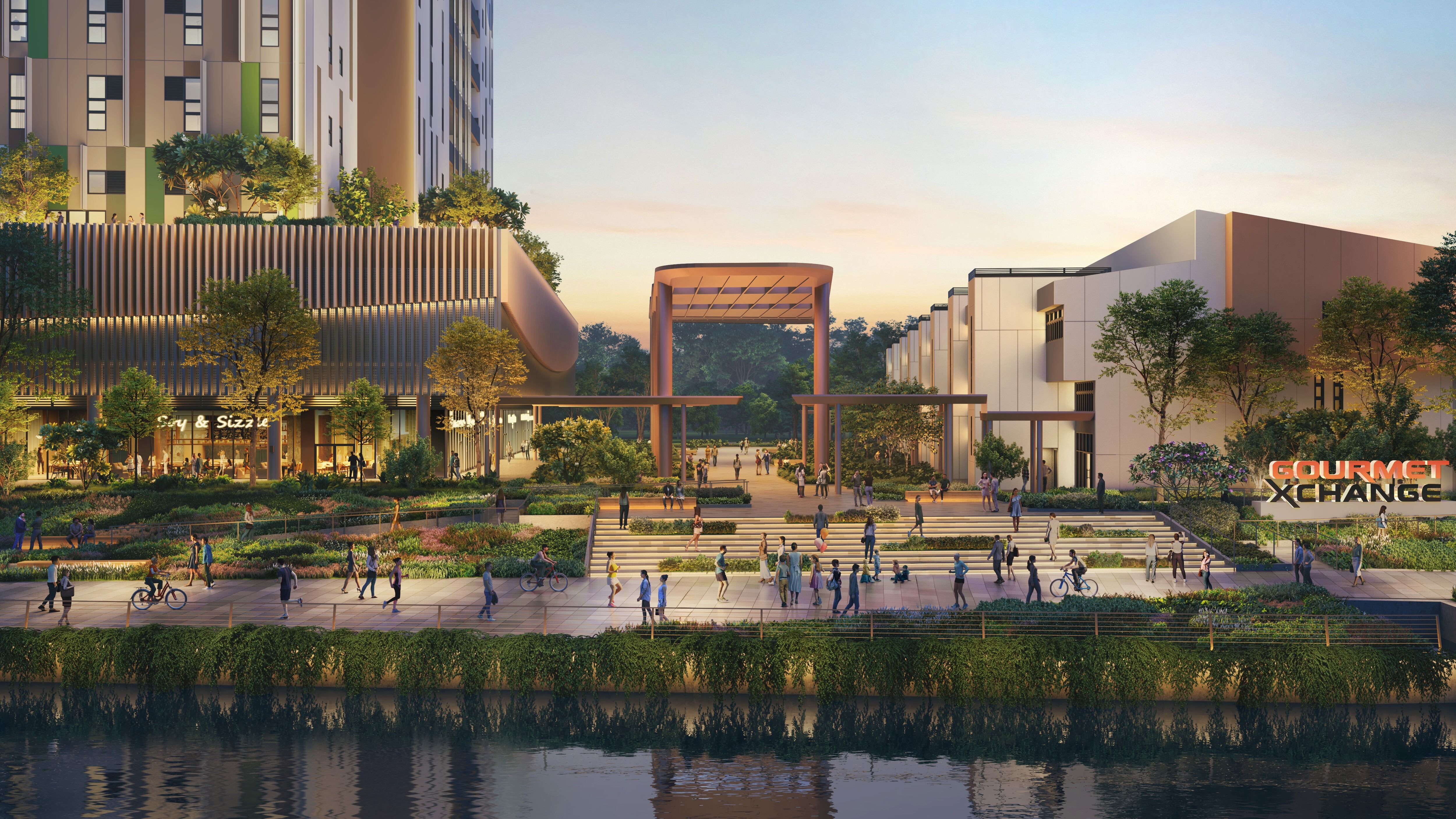 The Central Plaza will include dining and event spaces, alongside a fitness corner, river promenade and sky garden.