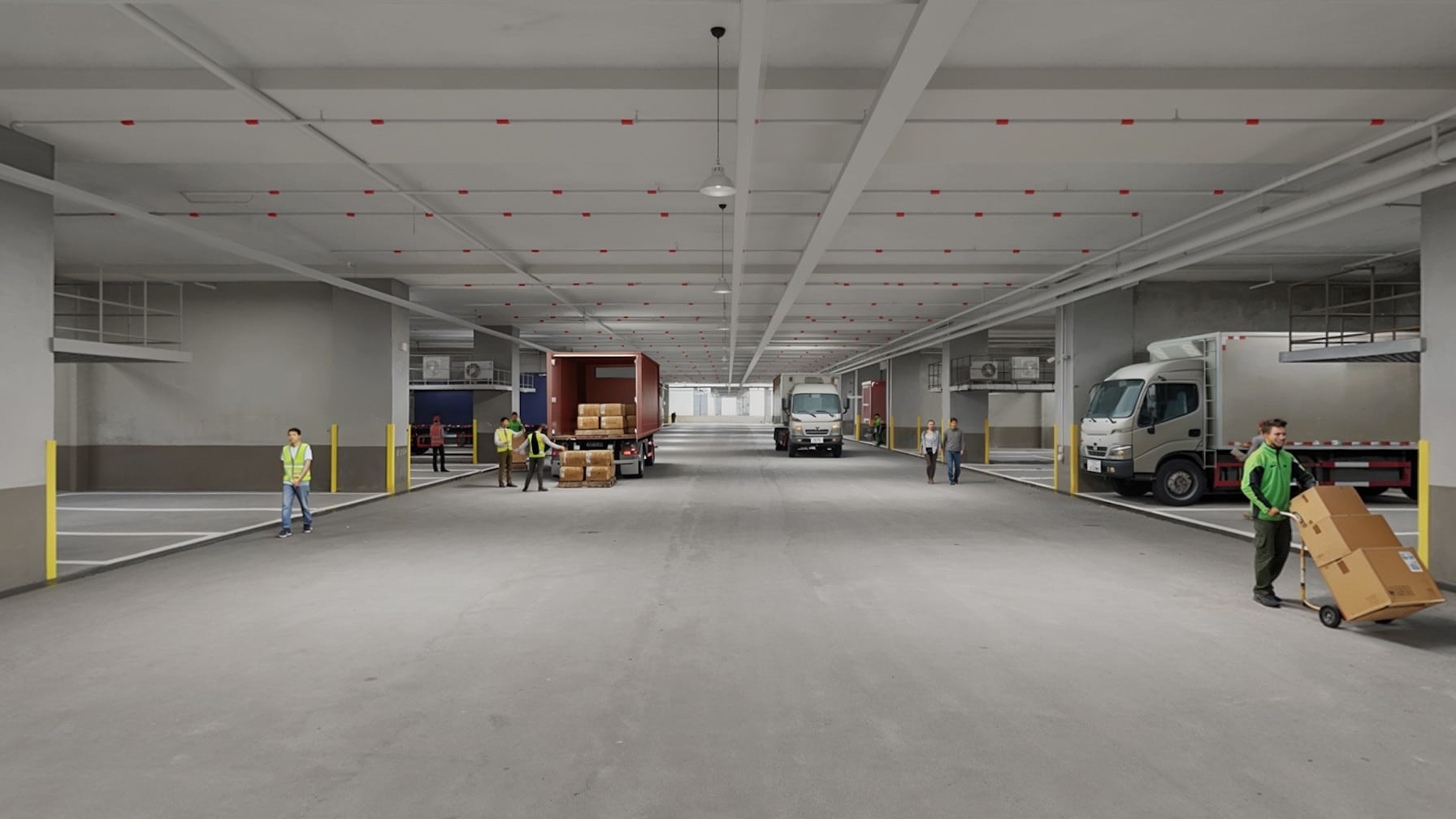 Ramp-up access from the first to third storeys allows container truck entry, with unit sizes of approximately 3,000 to 7,000 sq ft supported by logistics infrastructure and high-clearance ceilings.