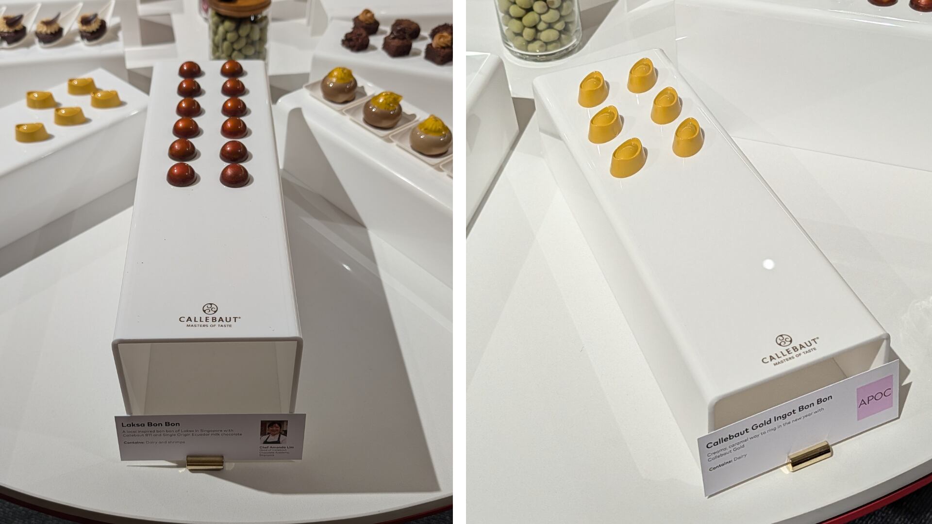 Products can be customised according to different markets – the Laksa bon bon taps on Singapore’s local flavours and the Gold Ingot bon bon with creamy caramel was made to ring in the year of the Horse.