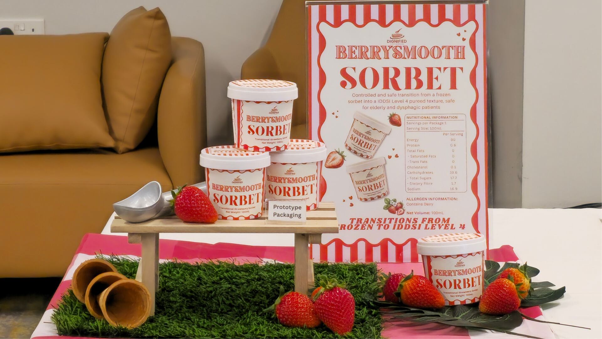 The dysphagia-friendly sorbet transitions from frozen to IDDSI Level 4 consistency as it melts.