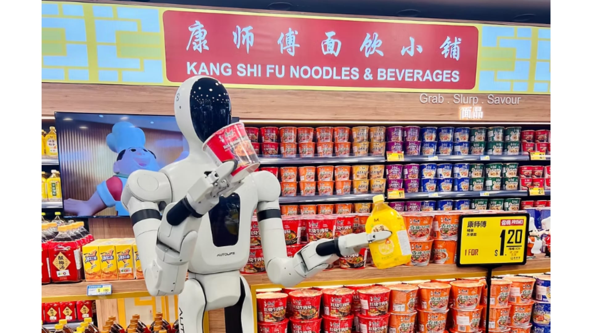 An AI robot greets customers in Scarlett’s Suntec City outlet.