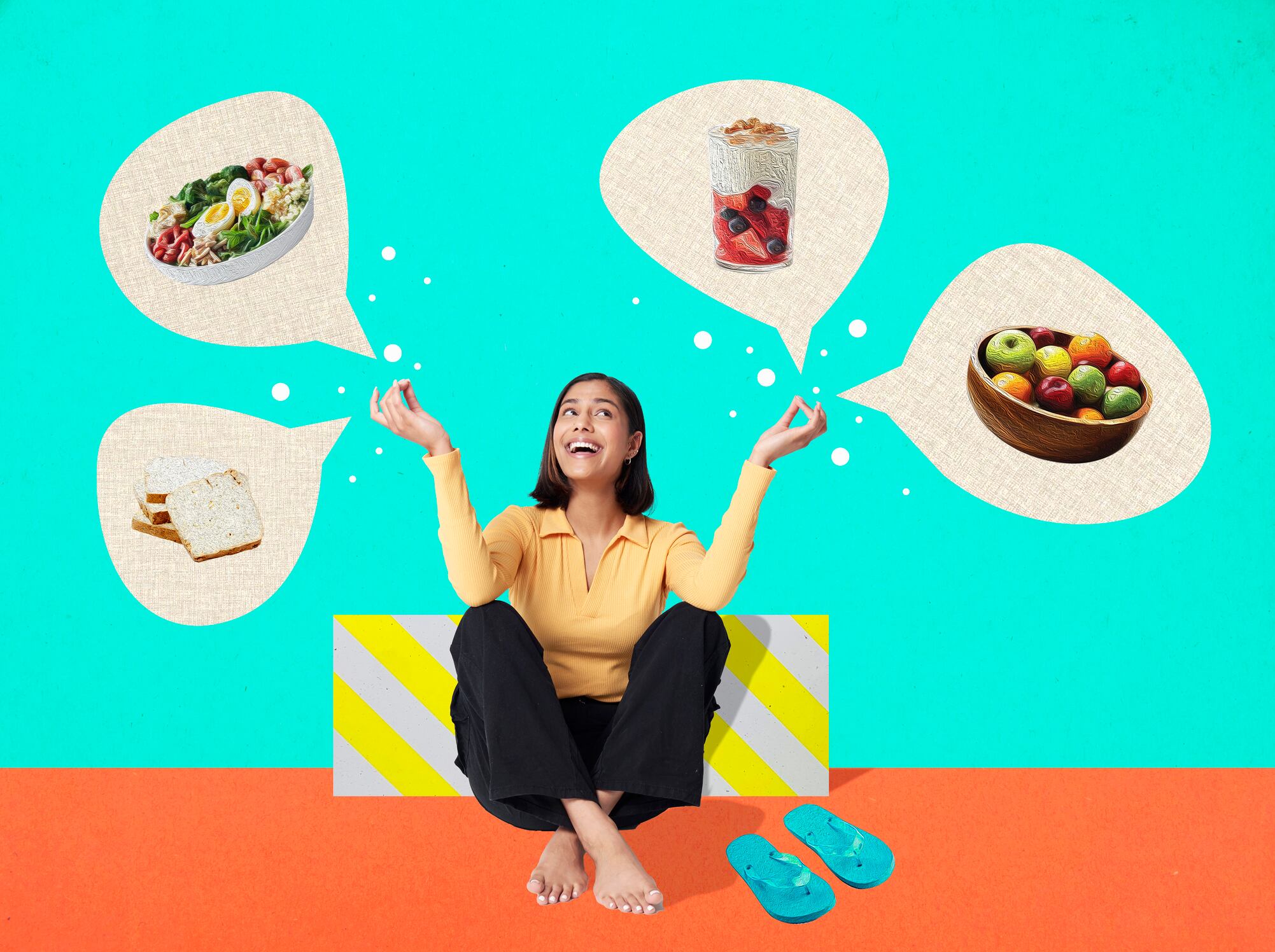 Young woman looking up at healthy food