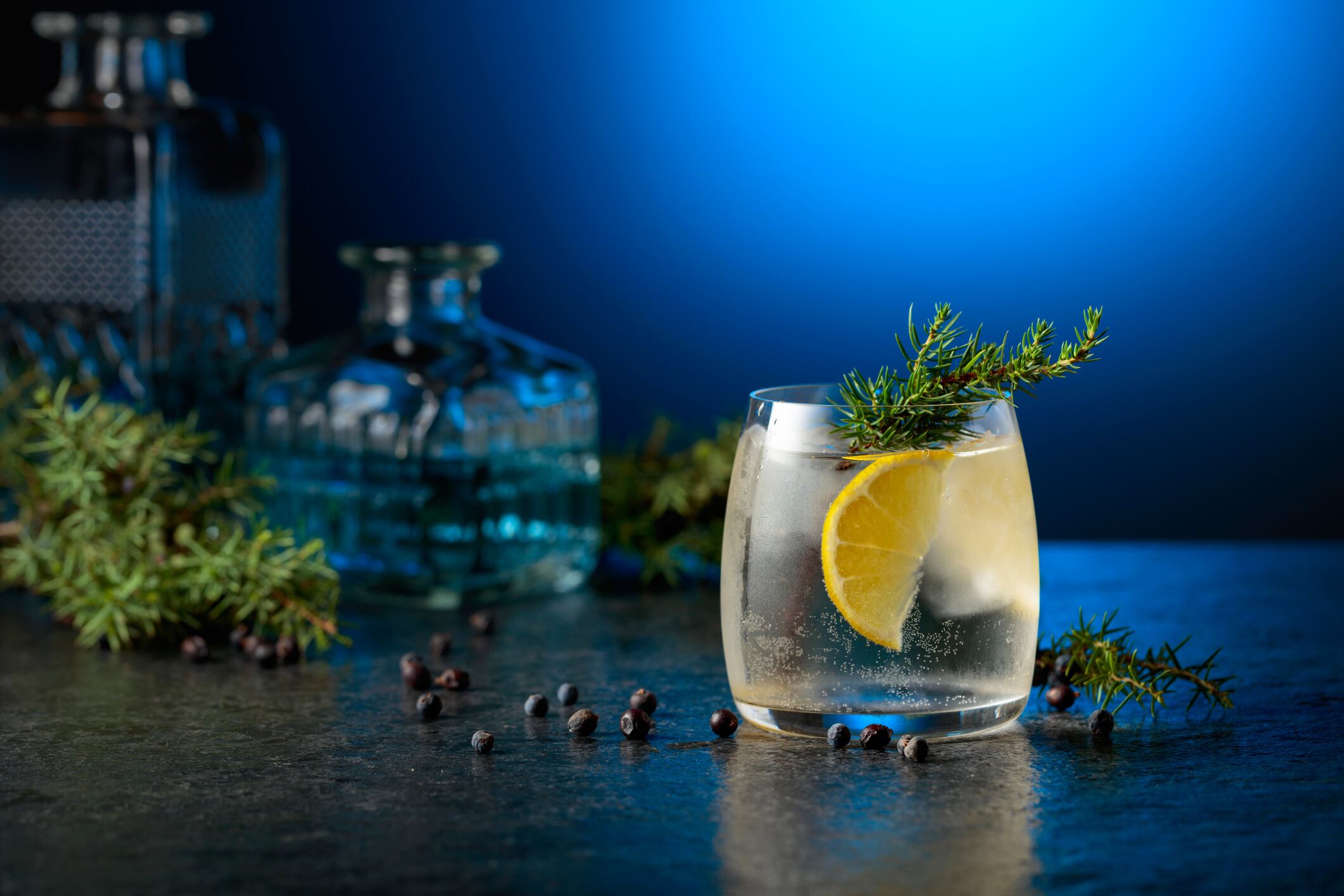 Cocktail gin and tonic with ice and lemon slice, garnished with juniper branch.