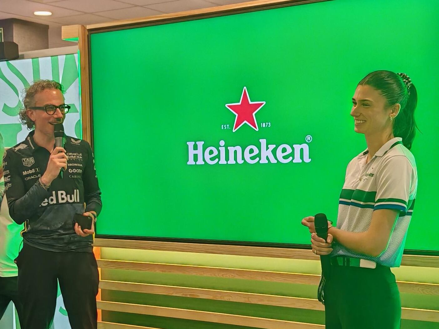 Red Bull team principal Laurent Mekies speaking at the Heineken suite during the 2025 Singapore Grand Prix