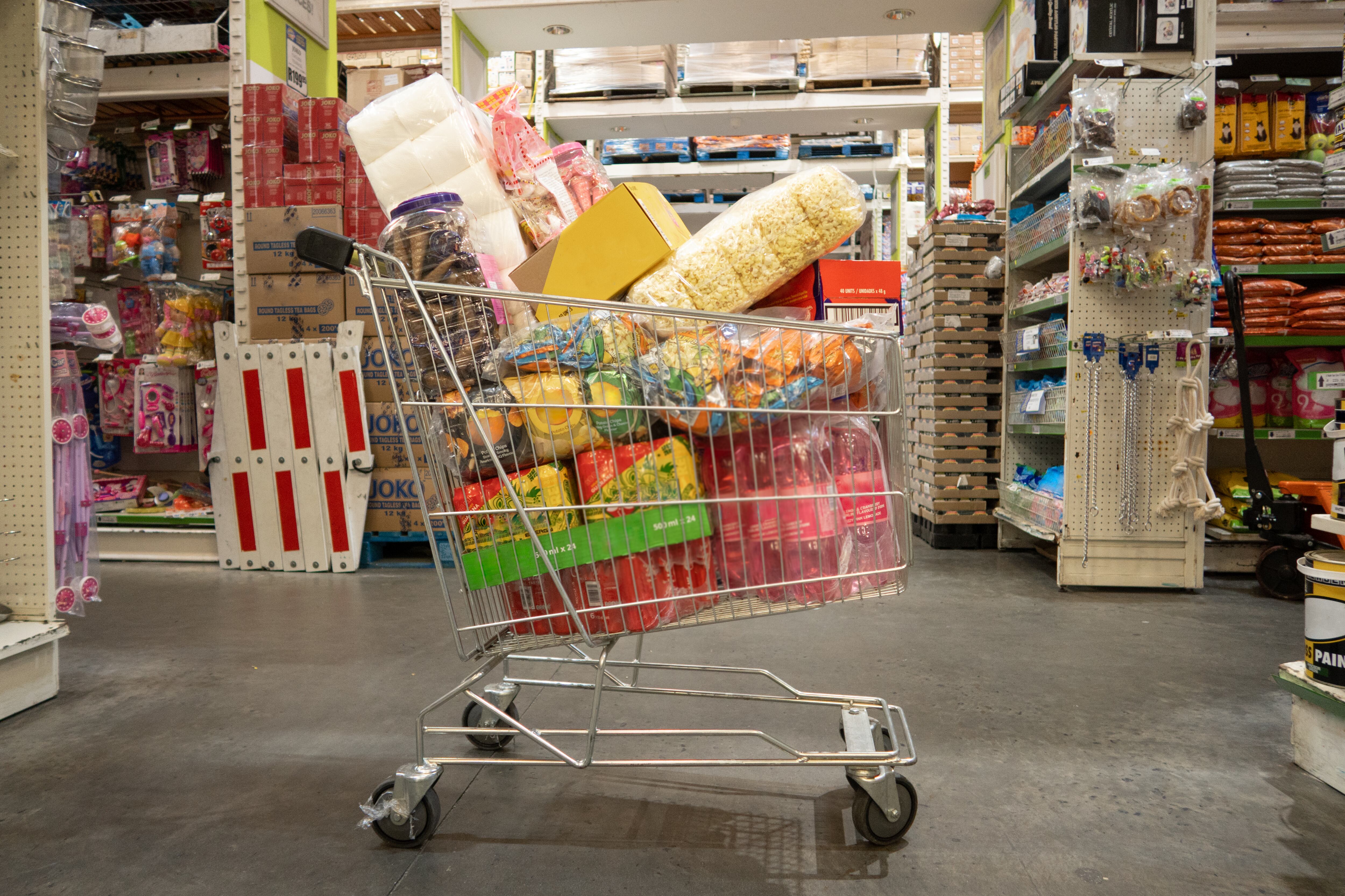 Trolley filled with groceries in a wholesale store