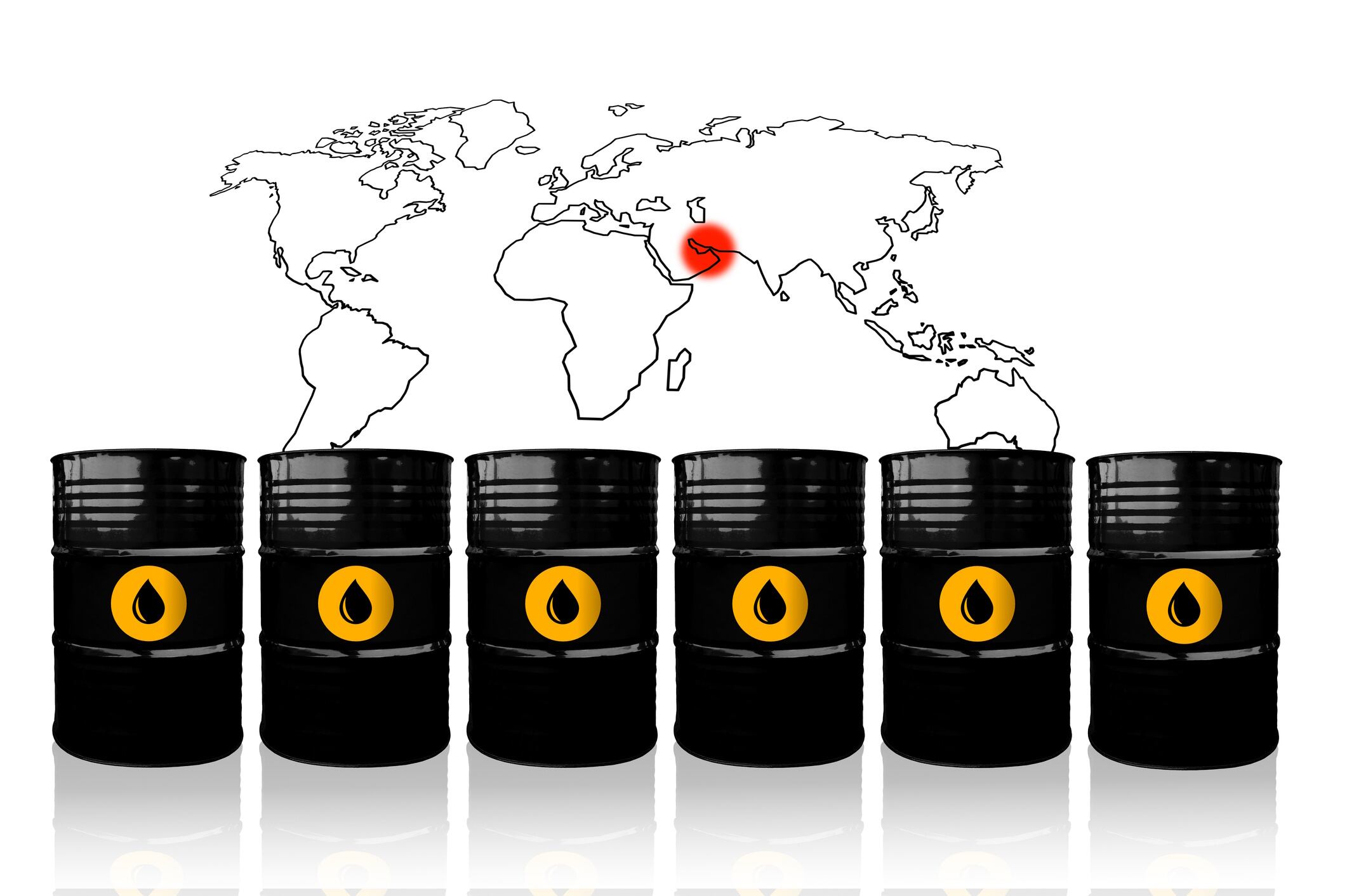 Crude oil prices go up. Crude oil barrels on a white background with world map. Strait of Hormuz blockade. Iran war with Israel and US. Tanker and other ships navigation and security problem Tomas Ragina GettyImages