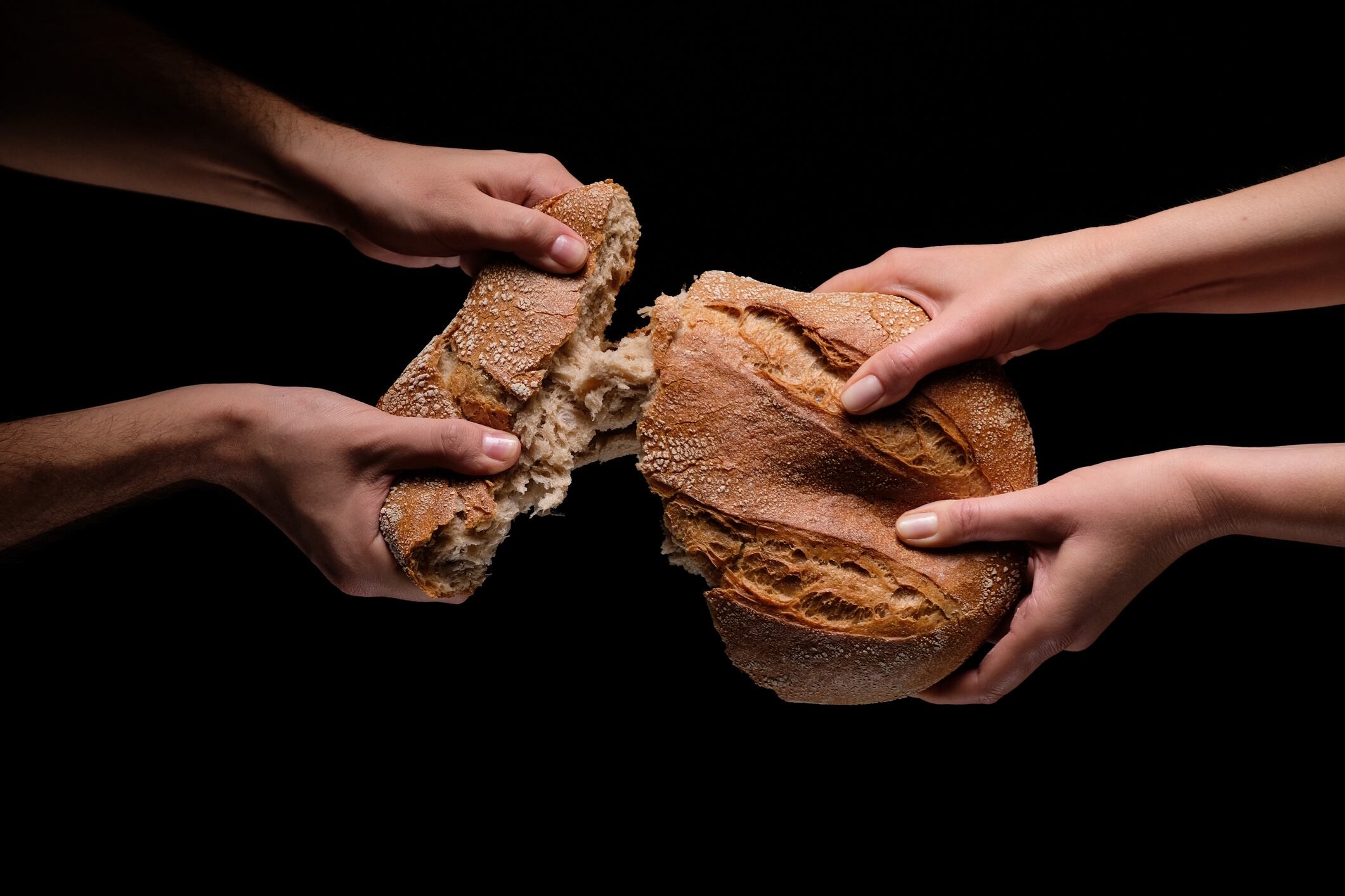 Hands tearing a loaf of bread