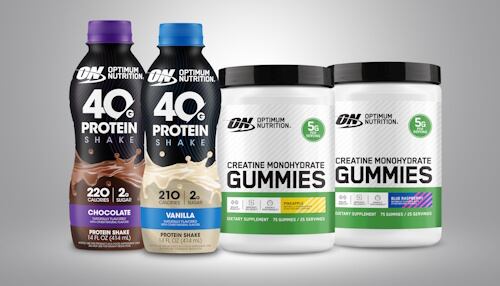 Optimum Nutrition protein shake and creatine gummies