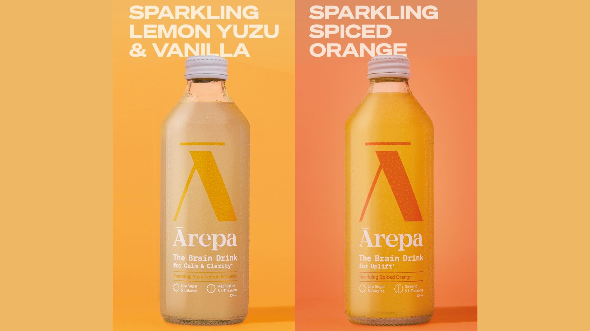 Ārepa's latest flavours for brain drinks: Sparkling Yuzu Lemon & Vanilla and Spiced Orange.