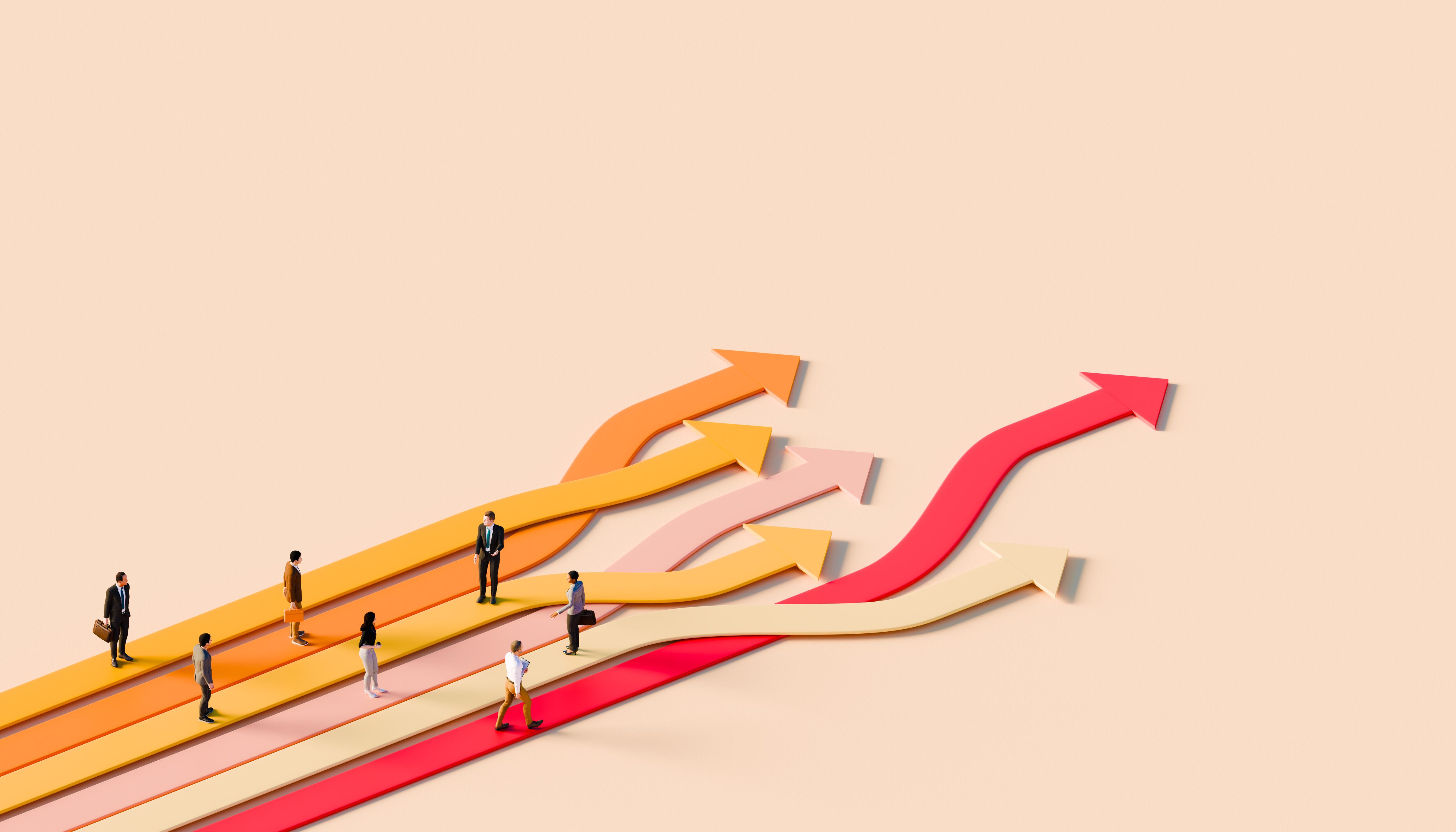 Business Person On Arrows Showing Leadership And Teamwork Concept