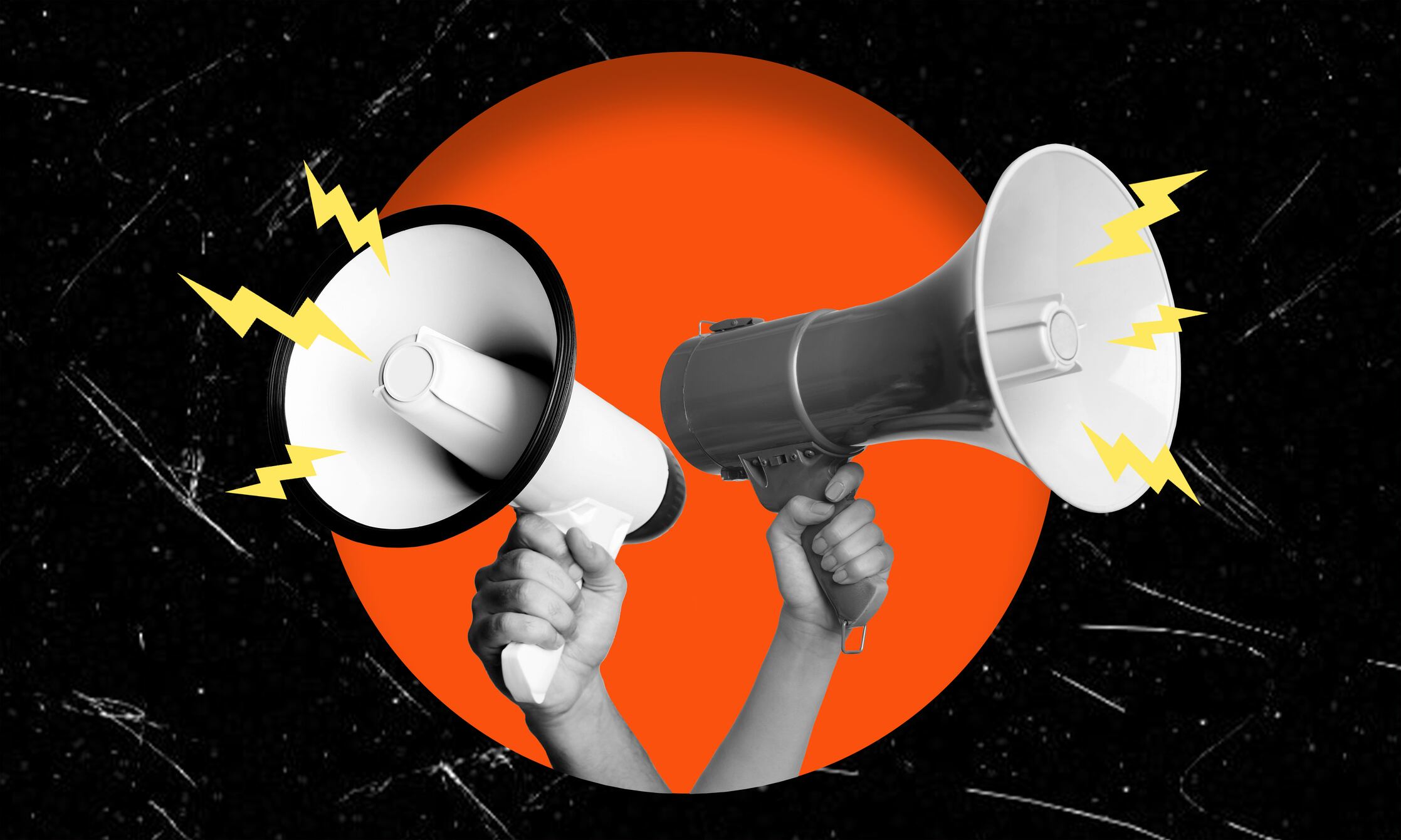 Contemporary art collage featuring hands with megaphones. Concept of information, creativity, social problems, rumors