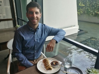 Sadowsky with the Impossible sausage roll, one of the Impossible variations just launched in Singapore. 