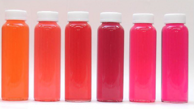 The colour on the far left is produced by a new food colouring developed by Japanese ingredient firm San-Ei Gen F.F.I. The others are colours produced by elderberry (starting from the second left), purple corn, grape juice, purple sweet potato, and red cabbage. © San-Ei Gen F.F.I