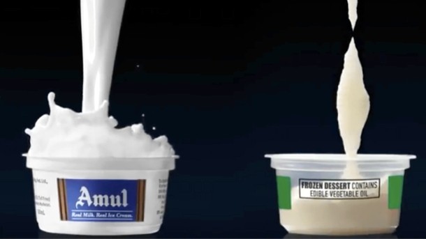 Part of the advert which compares Amul ice cream with a frozen dessert
