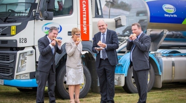 Fonterra MD global operations Rob Spurway, MP for Rangitata and Minister of Food Safety Jo Goodhew, New Zealand Minister of Science and Innovation Steven Joyce, and Clandeboye Operations Manager Steve McKnight, at the official opening of the new Fonterra Clandeboye mozzarella plant.