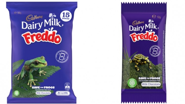 Cadbury has changed its Freddo chocolate mascot, the well-known Freddo Frog, to pictures of real-life endangered frog species on its packaging. ©Cadbury