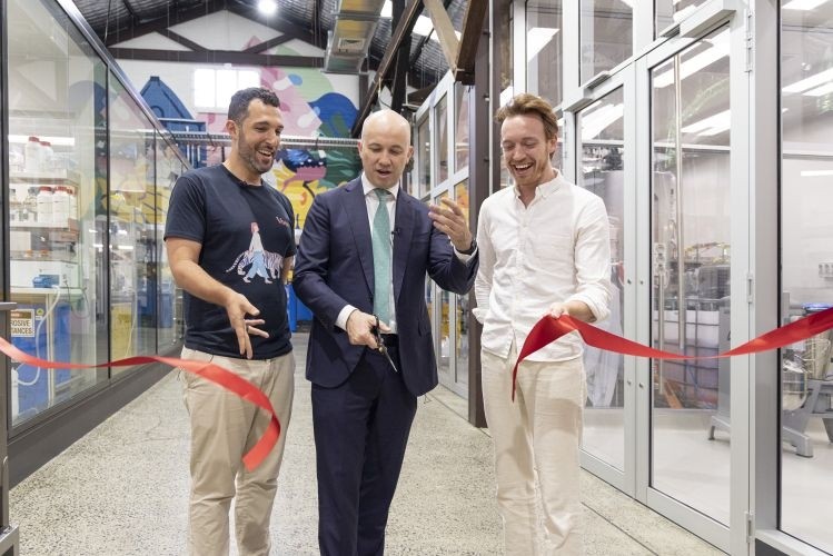 L-R: George Peppou (CEO, Vow Food), Matt Kean (New South Wales Treasurer and Energy Minister), and Tim Noakesmith (CPO, Vow ) at the opening of Vow's pilot facility in Sydney last month: Image credit: Vow 