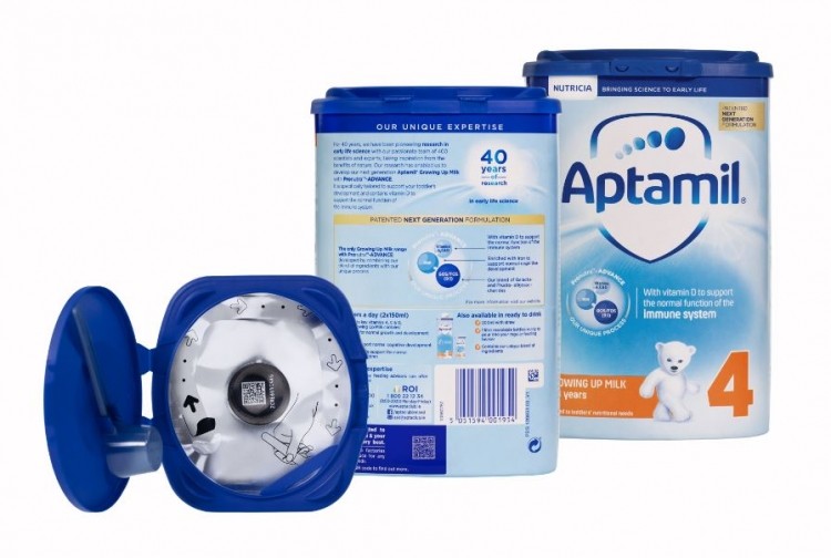 Aptamil baby formula pack with dual outer and inner QR codes part of Danone’s new ‘Track & Connect’ service ©Danone