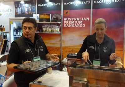 Macro Meats boss Ray Borda hands out Samples of kangaroo at FoodEx Japan.