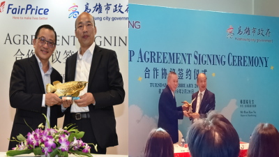 Taiwan mayor Han Kuo-Yu at the signing ceremony with NTUC FairPrice CEO Seah Kian Ping (left photo) and Sheng Siong CEO Lim Hock Chee (right photo). 